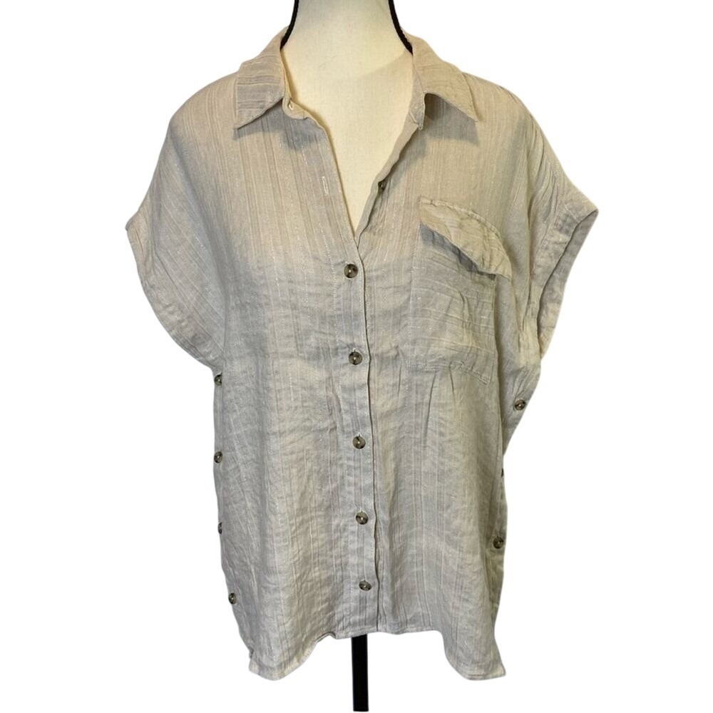 Cabi Boxy Shirt Spring 2021 #5951 Women's Size Small Linen Blend Metallic Stripe